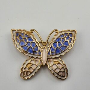 Vintage JJ Butterfly Brooch Gold Tone Blue‎ White Enamel Insect Pin